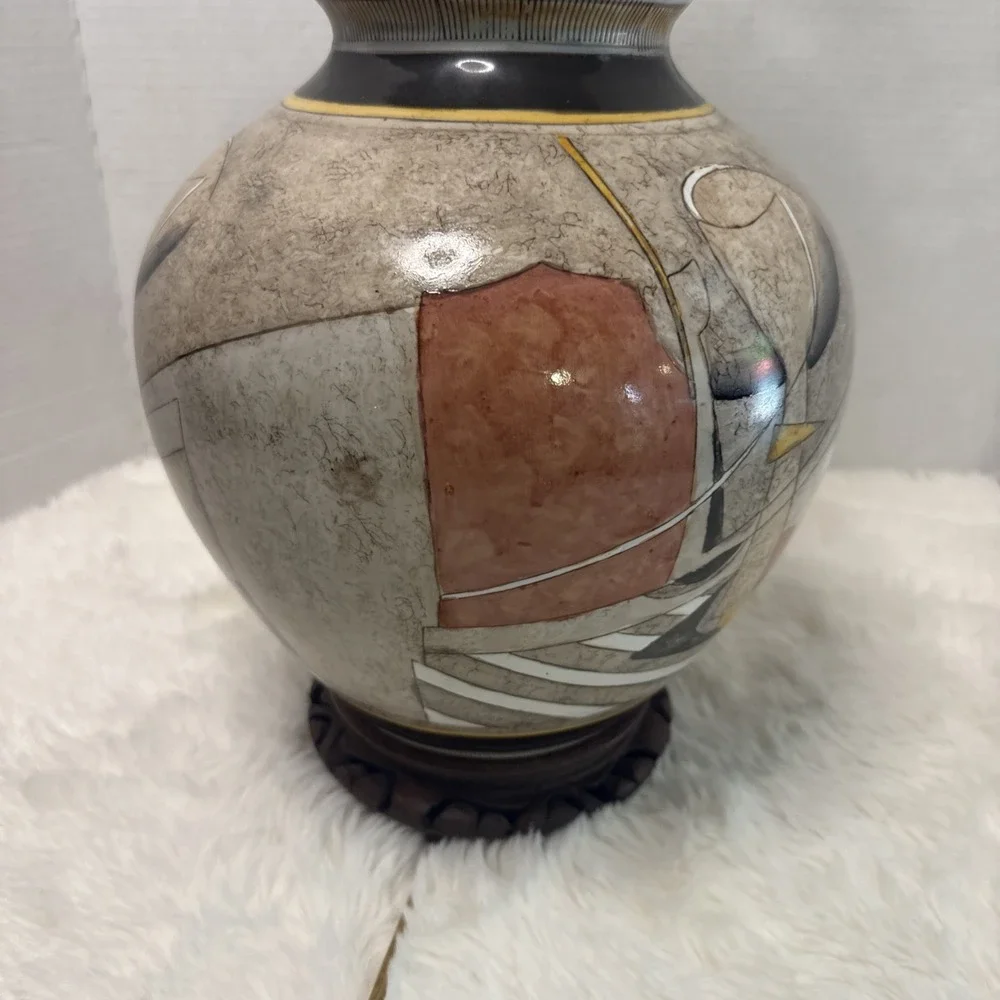 Vintage Abstract 80's Geometric Studio Pottery Table Lamp Urn Brass Wood Deco